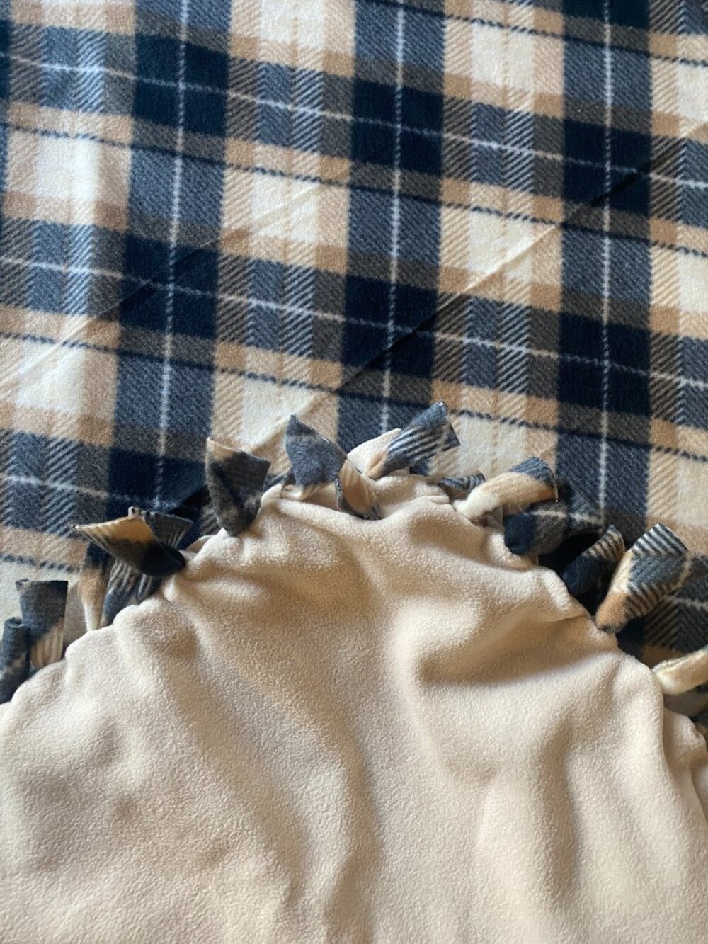 Handmade Fleece Blanket 36x51 Black Tan Cream Plaid Cozy Throw Lap Blanket
